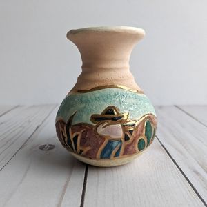4.5" Acevloza Mexico Handmade Painted Folk Art Signed Ceramic Vase Pastels